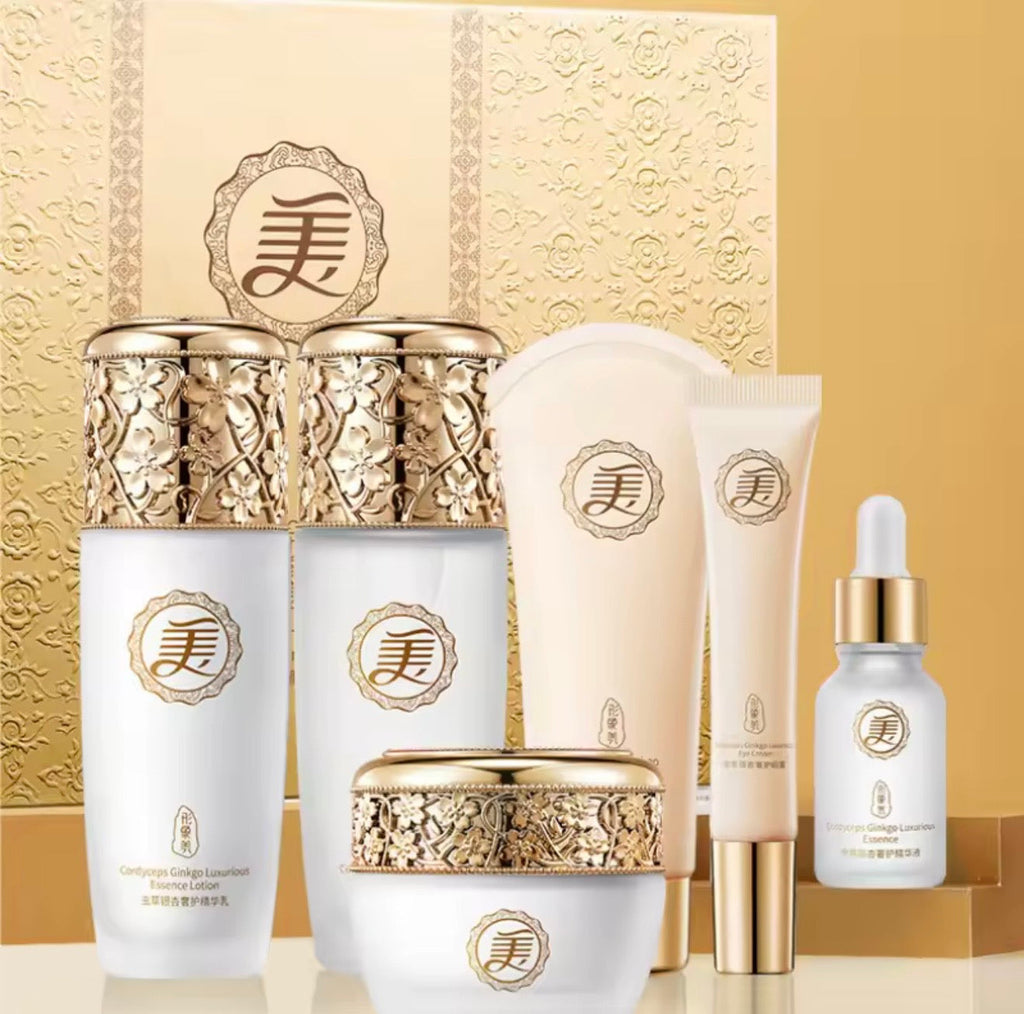Set de Seis Piezas de Esencia de Cuidado Facial de Lujo con Cordyceps y Ginkgo