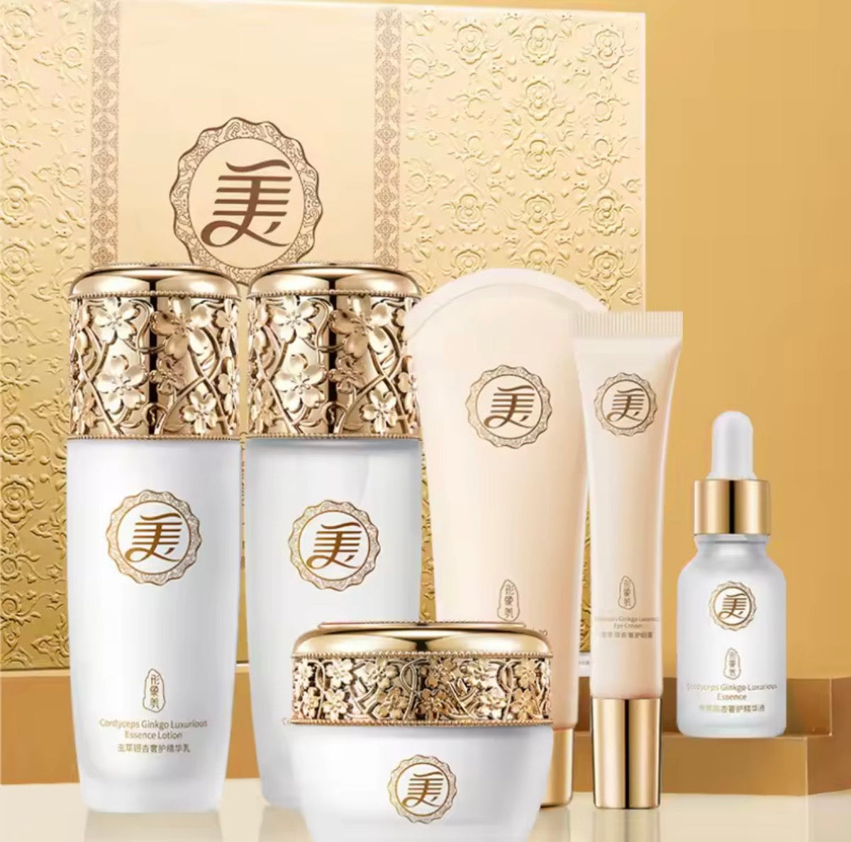 Set de Seis Piezas de Esencia de Cuidado Facial de Lujo con Cordyceps y Ginkgo